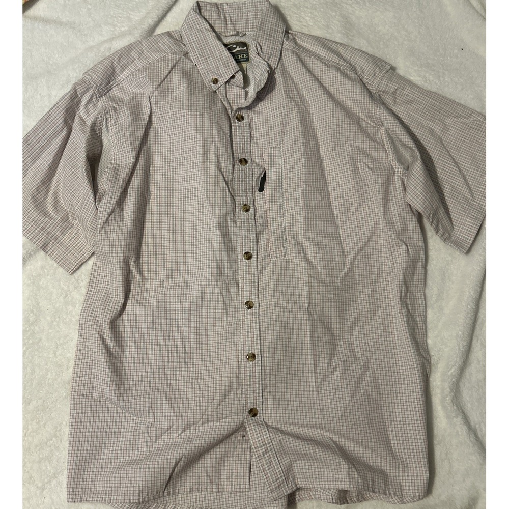 Drake Shirt Mens Large Pink Plaid Short Sleeve Vented Fishing Button Front